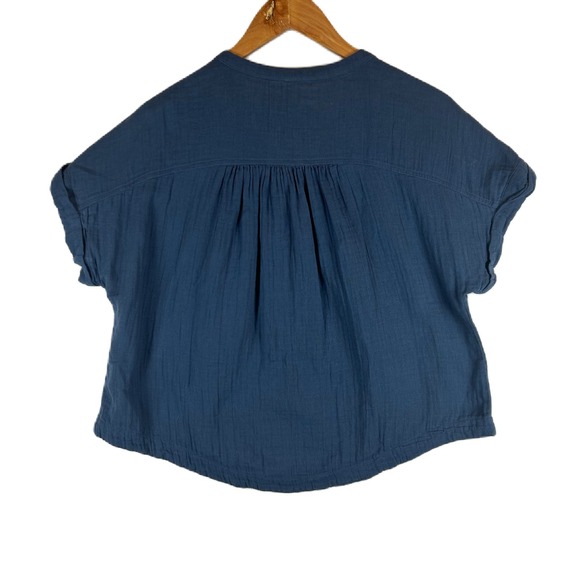 Pact Gauze Henley Shirt Blue Short Sleeve Button Up Textured Top Women's Size S - Picture 2 of 9